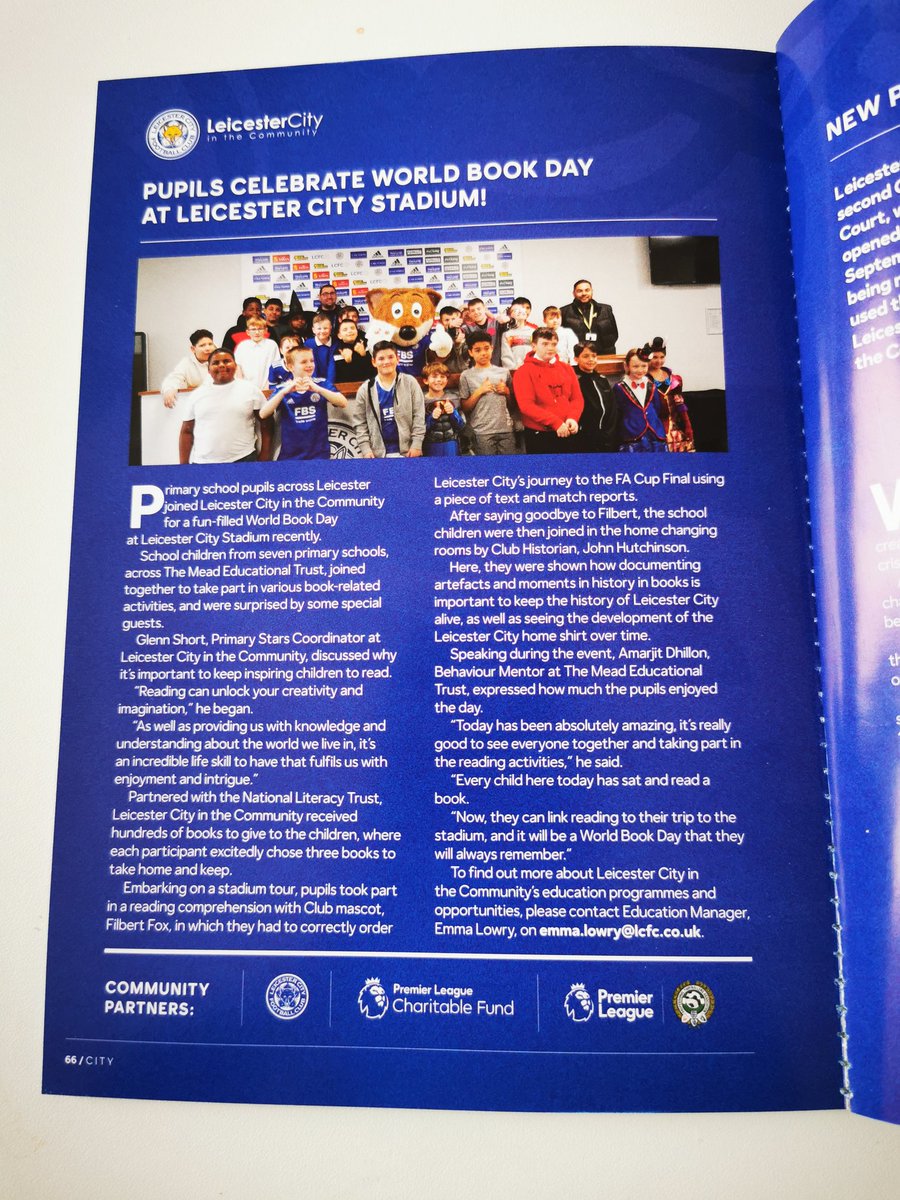 Following our visit to <a href="/LCFC/">Leicester City</a> stadium last week, pupils from <a href="/TMETrust/">The Mead Educational Trust</a> featured in the programme for Leicester vs Rennais yesterday. Amazing to see so many schools come together to support football and reading during World Book Day through <a href="/LCFC_Community/">Leicester City in the Community</a> #intervention #community