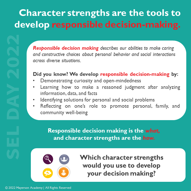 What #characterstrengths would you use to develop your decision making? #sel #selday #selday2022 <a href="/Lori_A_Crowe/">Lori Crowe</a> <a href="/LTOchs/">Lynn Ochs</a> <a href="/MayersonAcademy/">Mayerson Academy</a>