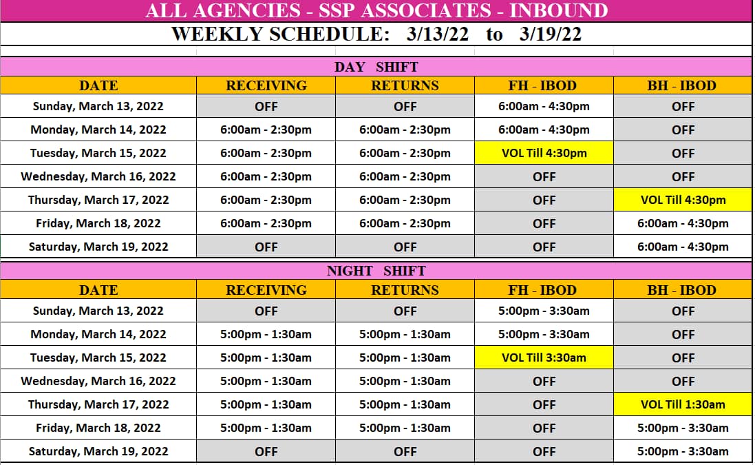TP2 Schedule, Hey associates make sure you set your clocks up Saturday just to be safe !!