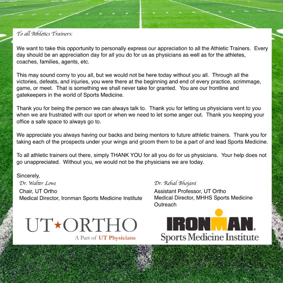 ortho_ut's tweet photo. #NationalAthleticTrainingMonth is held every March in order to spread awareness about the important work of #athletictrainers @NATA1950 AT's are a vital part of our organization! On behalf of @orthosport @RehalBhojani and everyone at #UTOrtho - THANK YOU! @GHATSdotORG https://t.co/J3pel5HFn1
