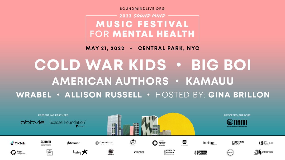 soundmind_live's tweet photo. TICKETS ON SALE NOW: watch @ColdWarKids, @BigBoi, @aauthorsmusic, @wrabel, @outsidechild13 and @KAMAUUWORLD at #SoundMindFest hosted by @GinaBrillon in Central Park on May 21! 

Get tickets: https://t.co/uUXSUqSGYh 🧠🎶

Proceeds support @NAMICommunicate. https://t.co/xRrxaAajiu