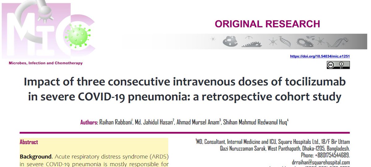 journalmic's tweet image. In this interesting study, Rabanni et al. evaluated the clinical results of administering three consecutive doses of Tocilizumab in patients with severe COVID-19 disease, finding that this therapeutic scheme can provide benefits in COVID-19 patients. revistas.unheval.edu.pe/index.php/mic/…