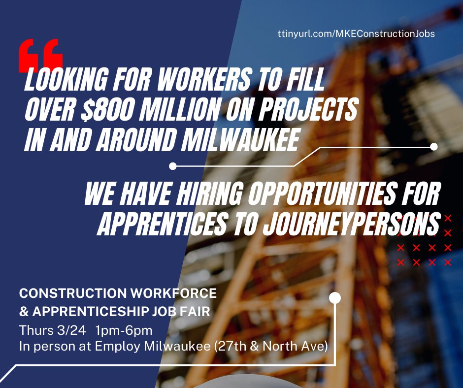 Prismtechnical's tweet photo. Register to attend the Construction Workforce &amp; Apprenticeship Job Fair! There will be an RPP/Apprenticeship Info Session held at 2pm and 5pm day of for those interested in learning more about the trades. https://t.co/pD5gLa8oue #milwaukee #milwaukeejobs #mke #mkejobs https://t.co/nmMXWo54Cx
