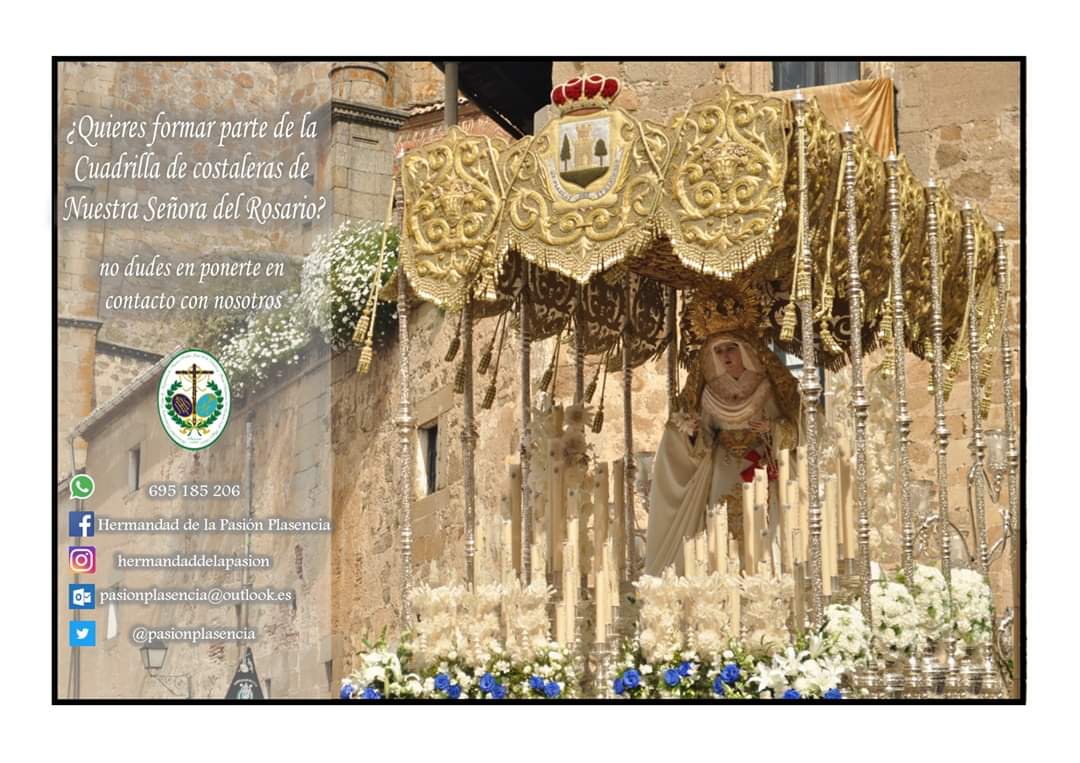 PasionPlasencia's tweet photo. CONVOCATORIA CUADRILLA DE COSTALER@S DE LA VIRGEN DEL ROSARIO

Hoy tendremos a las 21h en nuestra Casa Hermandad (calle Coria, 8), la reunión informativa de la cuadrilla de costaler@s de Ntra. Señora del Rosario de cara a la próxima Semana Santa.

JUNTOS HACEMOS HERMANDAD!!! https://t.co/7pprSLiuAp