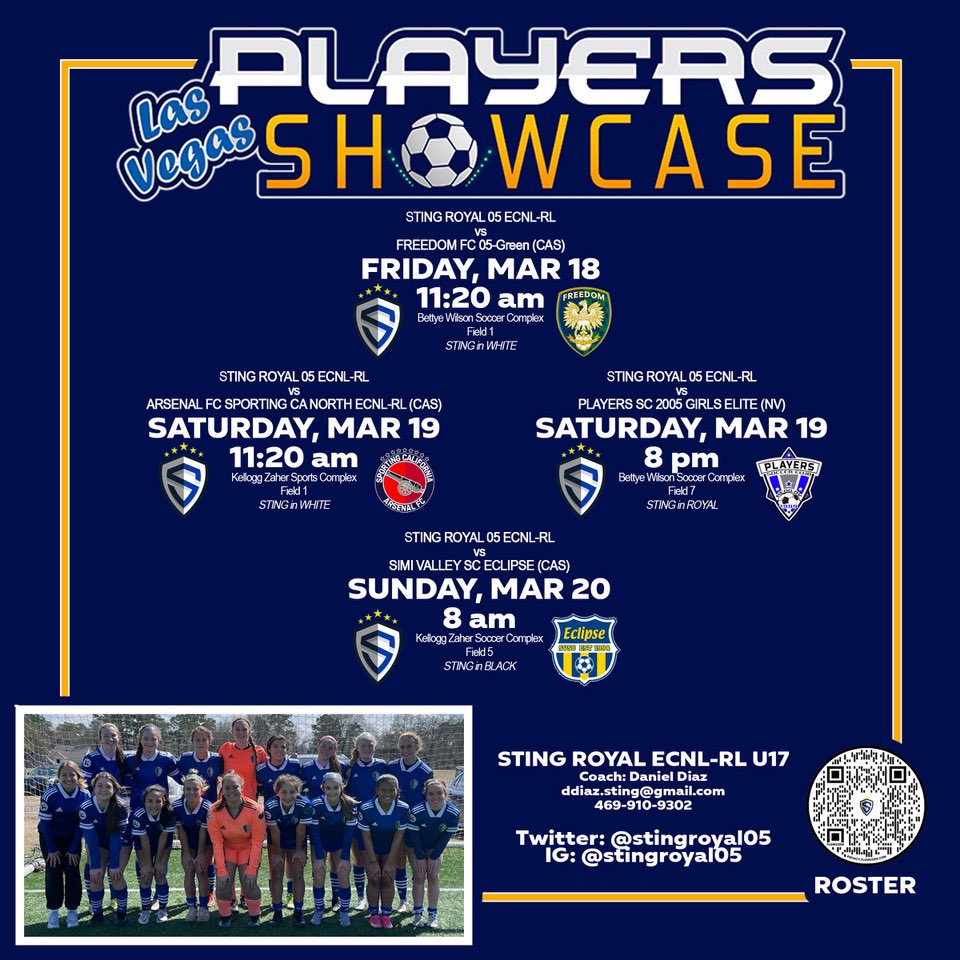 Updated schedule for next weekends <a href="/Vegasshowcase/">Players Showcase</a>!  This time with the right dates. 😁 Either way we are still ready to roll!! 

#WeAreSting

<a href="/StingSoccerClub/">Sting Soccer Club</a> <a href="/ImCollegeSoccer/">College Soccer Truth ™</a> <a href="/ECNLgirls/">ECNL Girls</a> <a href="/TheSoccerWire/">SoccerWire</a> <a href="/TopDrawerSoccer/">TopDrawerSoccer</a> @EcnlTexas