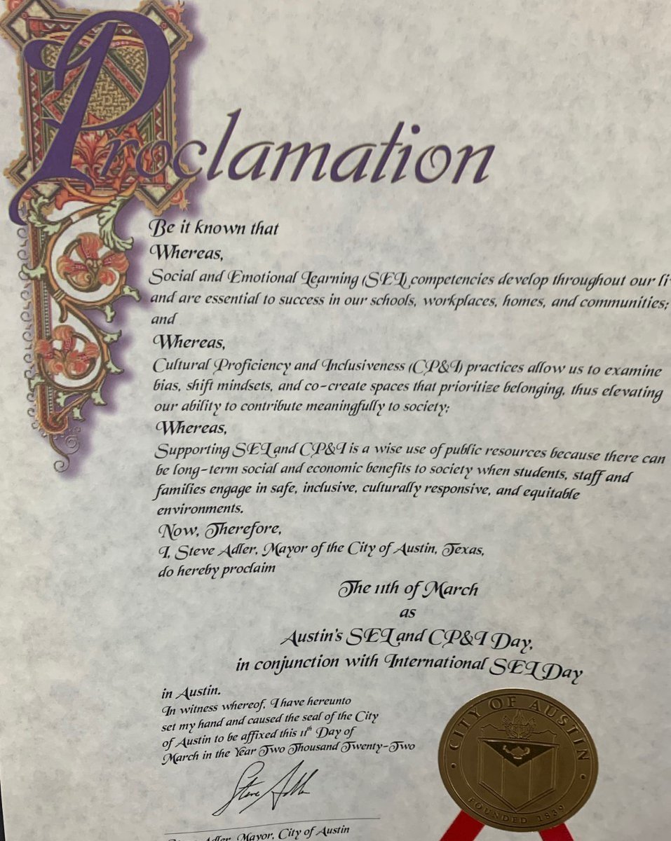 AISD_SEL_CPI's tweet photo. IT'S TODAY! In partnership w/ @UrbanAssembly &amp; @SEL4USA @AustinISD celebrates International #SELDay to recognize the value of SEL &amp; its importance to academic &amp; social development of students. @MayorAdler proclaimed March 11 Austin's #SELandCPI Day! Post/tag to enter the raffle. https://t.co/r8GCnZaBIA
