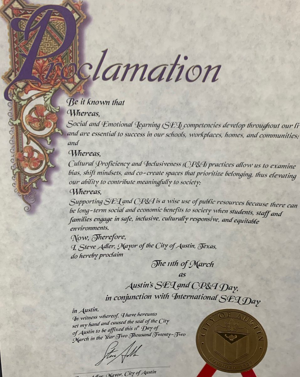 IT'S TODAY! In partnership w/ @UrbanAssembly & @SEL4USA @AustinISD celebrates International #SELDay to recognize the value of SEL & its importance to academic & social development of students. @MayorAdler proclaimed March 11 Austin's #SELandCPI Day! Post/tag to enter the raffle.