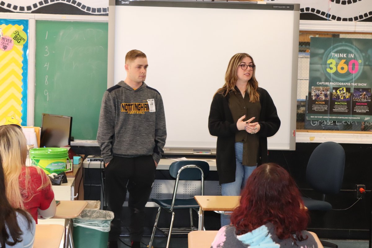 NHSVideo's tweet image. Northstar alumni and current SHU students Angie Paoline and Louie Pasculli returned to Nottingham High School to speak to the Journalism class. @HTSD_Nottingham @SetonHall