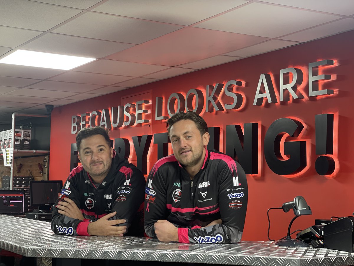 TeamHardRacing's tweet photo. Waking up and remembering that these two are spearheading our @AutobriteDirect Cupra challenge this year 😁😁

What do you think of this pairing ladies and gents? 

#TeamHARD #TopDuo #BTCC https://t.co/pS0mK32WRO
