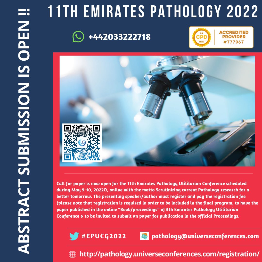 EPUCGCongress's tweet image. Don’t miss the opportunity to share your scientific excellence and be a part of the expert gathering  CME/CPD accredited 11th Emirates Pathology &amp;amp; Digital Pathology Utilitarian Conference,
pathology.universeconferences.com/submit-abstrac…
Hurry Up Register now: pathology.universeconferences.com/registration/

#Pathology #Patholo