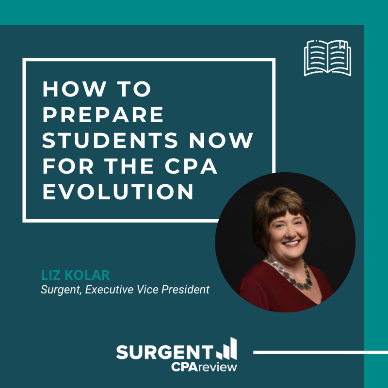 SurgentAFE's tweet photo. The #CPAEvolutionModel is coming, whether the industry is ready or not. Surgent’s EVP Liz Kolar believes that #educators need to start preparing #futureCPAs now for the imminent #CPAexam changes. Read more of her perspective in her @AccountingWEB article: https://t.co/oBDWFib5gU https://t.co/d3JSRMrndW