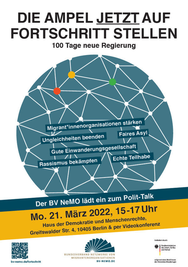 Einladung zum Polit-Talk des #BVNeMO: "Die Ampel jetzt auf #Fortschritt stellen!"

Wir diskutieren mit Politik, Wissenschaft und Praxis über #Asyl #Rassismus #Ukraine #Migration #Teilhabe #Ungleichheit...

Programm &amp; Anmeldung für Medien und Interessierte: bv-nemo.de/fortschritt