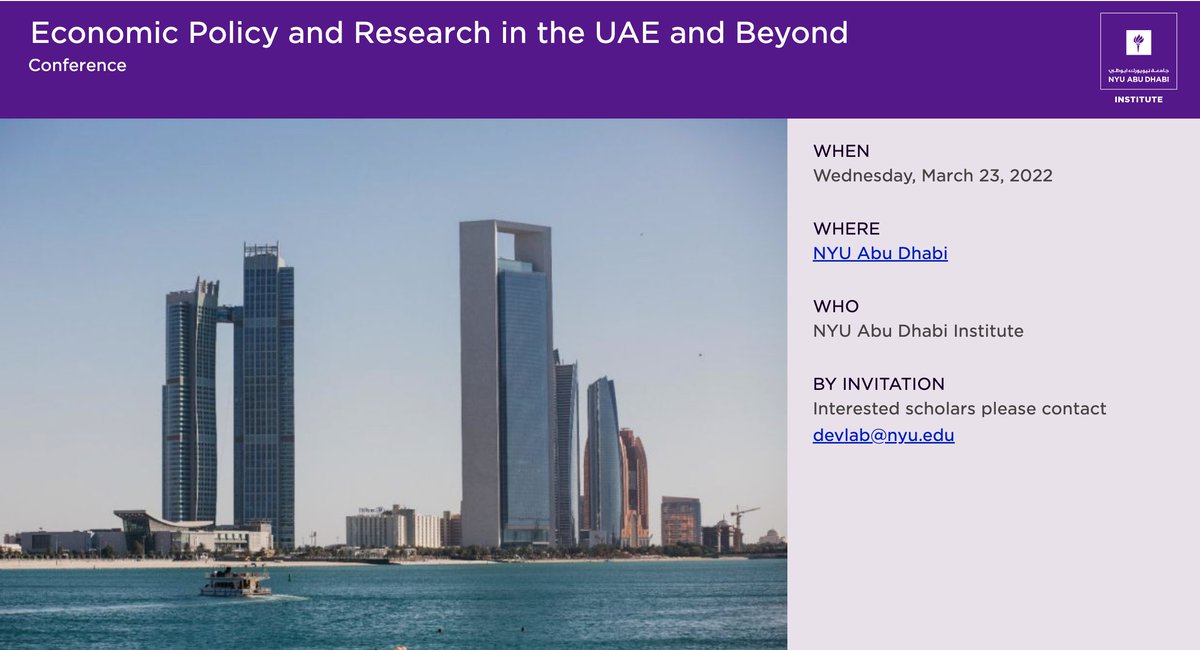 Join the DevLab for the “Economic Policy and Research in the UAE and Beyond” conference on March 23rd. More info: nyuad.nyu.edu/en/events/2022…

#uae #uaeeconomy #economics #finance #publicpolicy