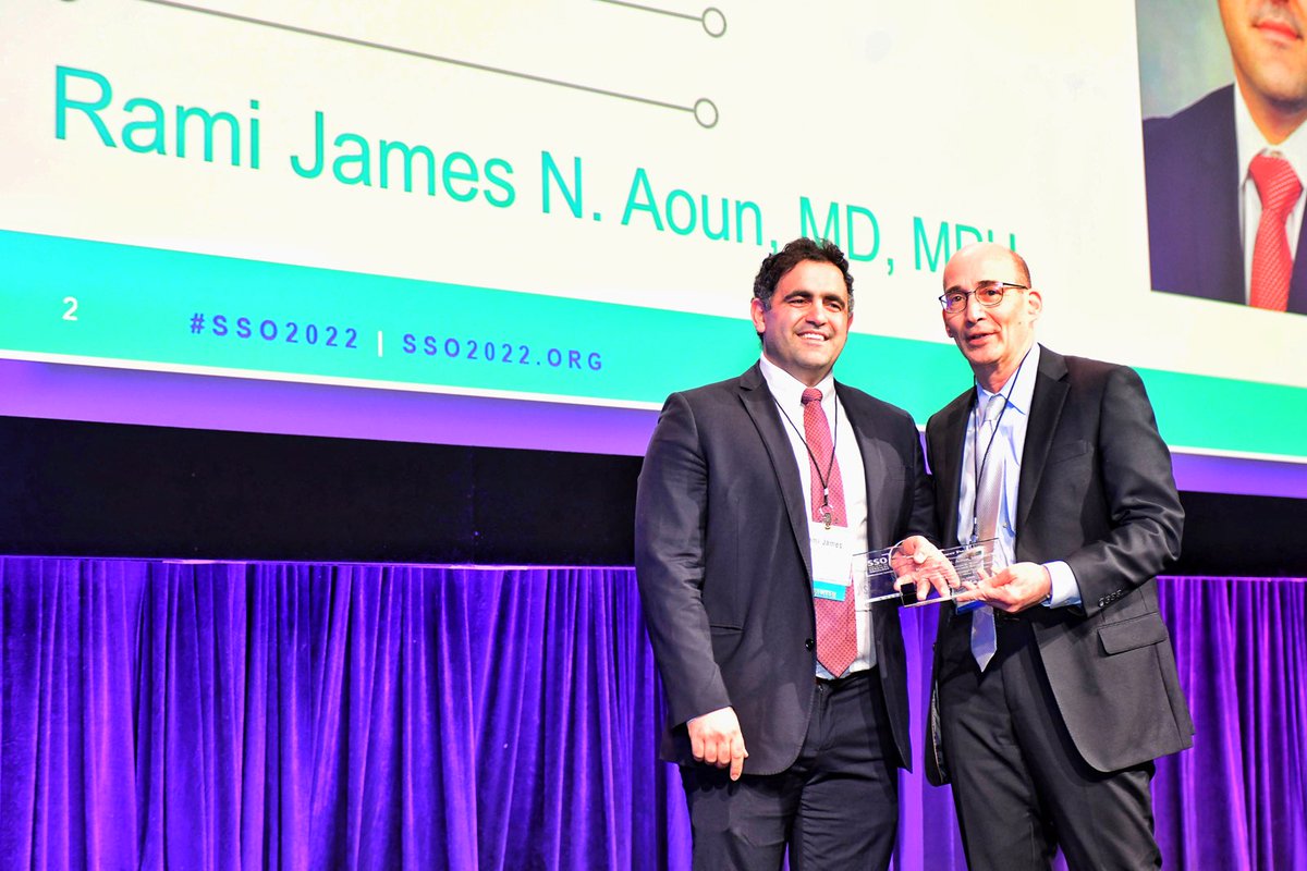 SocSurgOnc's tweet photo. Rami Jame Aoun, MD, MPH from @OhioState accepts the Thomas Weber Colorectal Cancer Research Award from SSO President Douglas S. Tyler, MD,  at #SSO2022. Congratulations Dr. Aoun! https://t.co/uvWIYoe3cK
