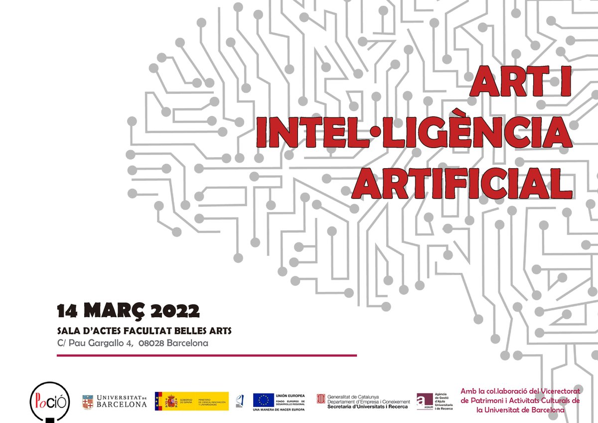 CRAI Belles Arts (@craibellesarts) on Twitter photo Jornada sobre Art i Intel·ligència artificial: nous reptes, nous imaginaris organitzada pel grup POCIO (Poesia i Educació)
🗓️14.03.2022
📍Sala d’actes de la #FacultatdeBellesArts de la <a href="/UniBarcelona/">Universitat de Barcelona</a>
+info 🔗bit.ly/3LKorOd Jornada sobre Art i Intel·ligència artificial: nous reptes, nous imaginaris organitzada pel grup POCIO (Poesia i Educació)
🗓️14.03.2022
📍Sala d’actes de la #FacultatdeBellesArts de la <a href="/UniBarcelona/">Universitat de Barcelona</a>
+info 🔗bit.ly/3LKorOd