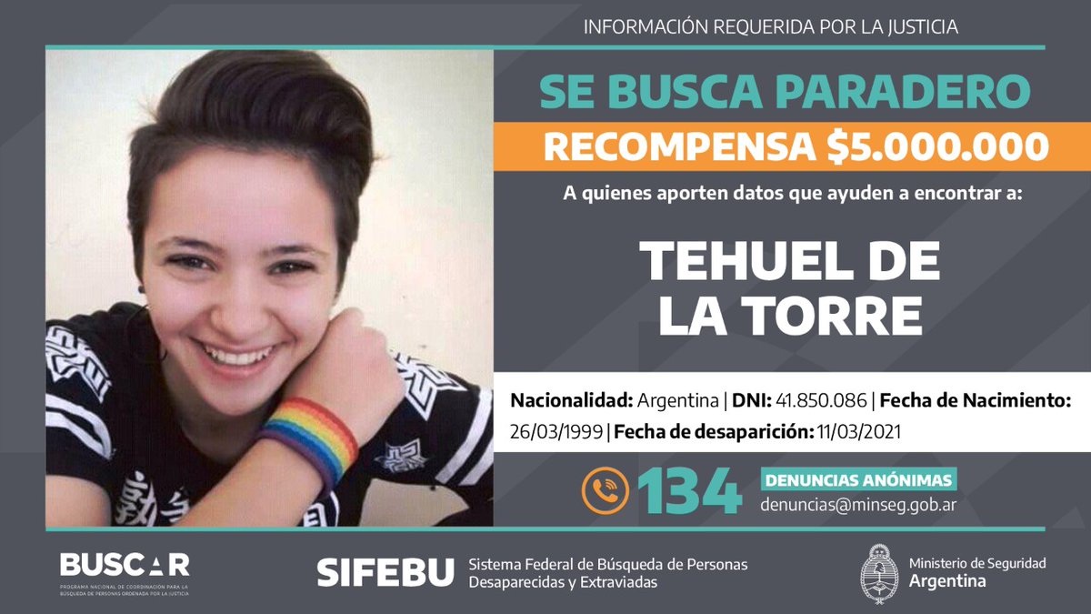 A un año de la desaparición de Tehuel De La Torre, el @minseg a través del SIFEBU, continúa poniendo a disposición de las autoridades judiciales intervinientes todos sus recursos federales para la investigación.

Si sabés algo 👇