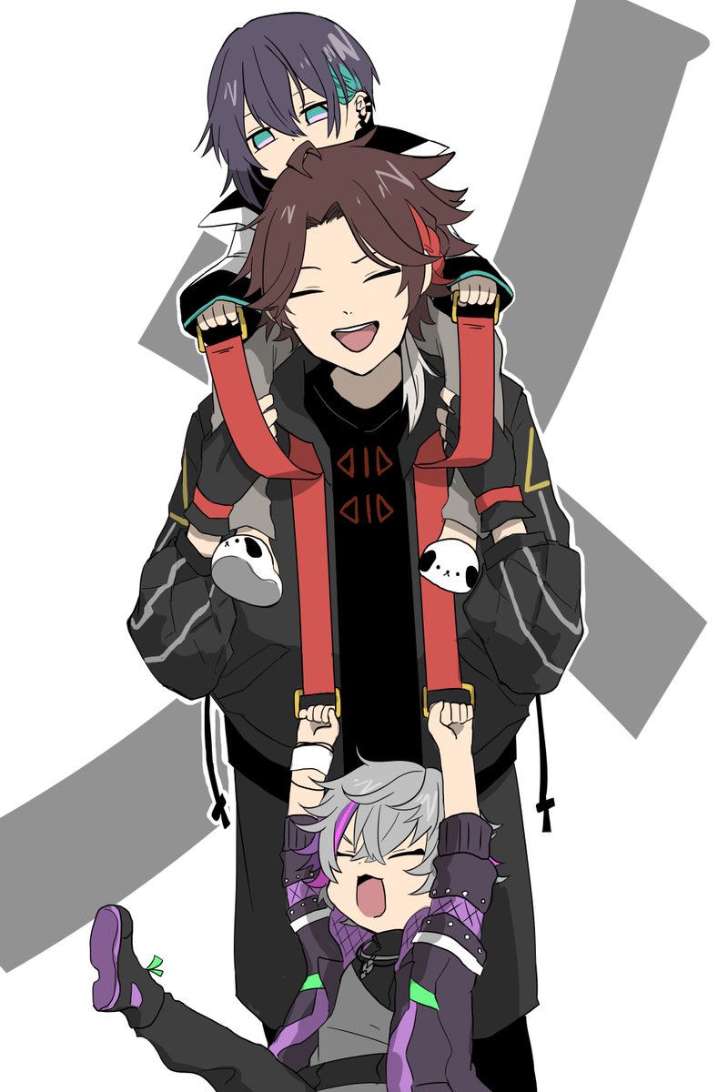 streaked hair multiple boys male focus jacket 3boys closed eyes purple hair  illustration images