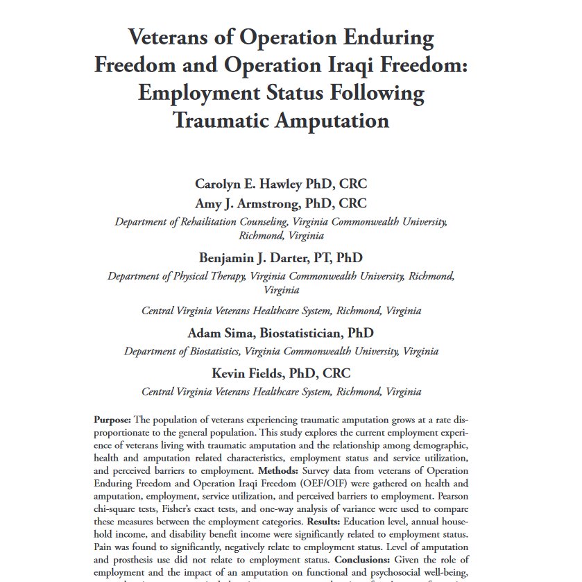 Ben Darter, PT, PhD (@bendarter) on Twitter photo Just published with colleagues in <a href="/vcuchp/">VCU College of Health Professions</a>  Rehab Counseling. #amputee #Veterans #research
doi.org/10.1891/JARC-D… Just published with colleagues in <a href="/vcuchp/">VCU College of Health Professions</a>  Rehab Counseling. #amputee #Veterans #research
doi.org/10.1891/JARC-D…
