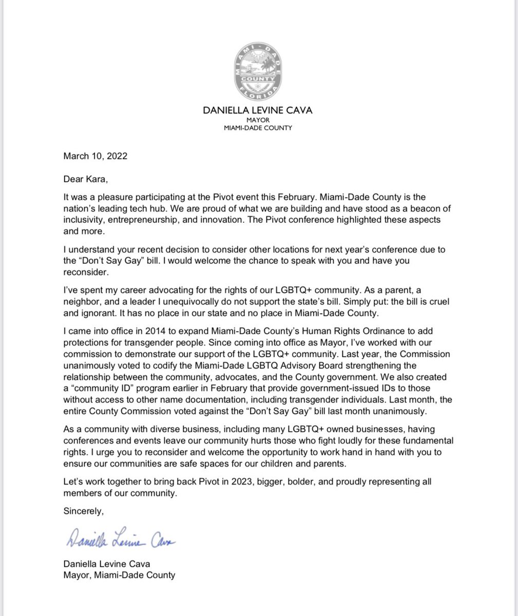 CBoomerVazquez's tweet photo. The Mayor, a scheduled conference speaker alongside CEOs of Airbnb, New York Times Company, Goldman Sachs, in asking #PivotMIA to pivot from decision to possibly host elsewhere adds: “the entire County Commission voted against the “Don’t Say Gay” bill last month unanimously.” 3/ https://t.co/RyAQcQAlkx