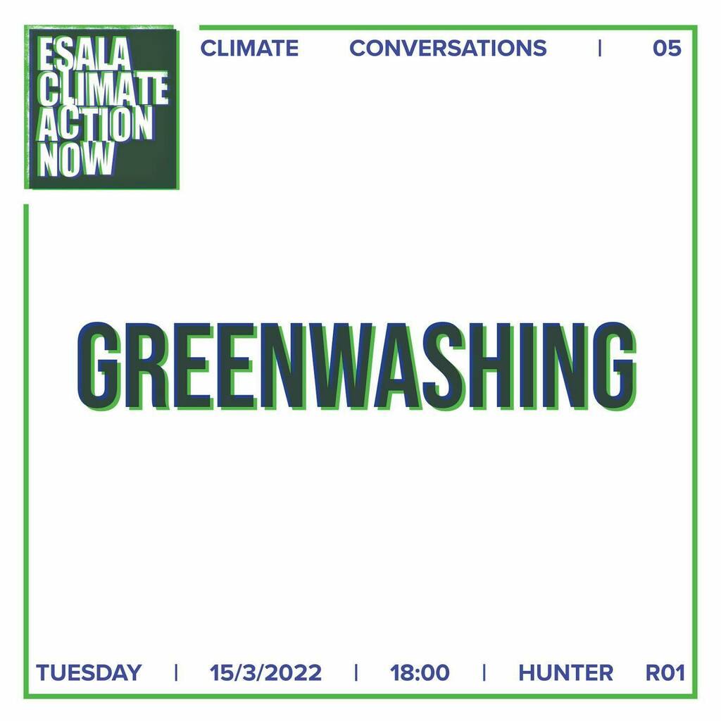 We will be hosting the 5th Climate Conversation Tuesday, March 15th at 18:00-19:00 in Hunter R01 and online via Teams.
 
Our fifth discussion will take a critical lens to the practice of greenwashing and the proliferation of “green” aesthetics across des… instagr.am/p/Ca9wxVYMv5G/