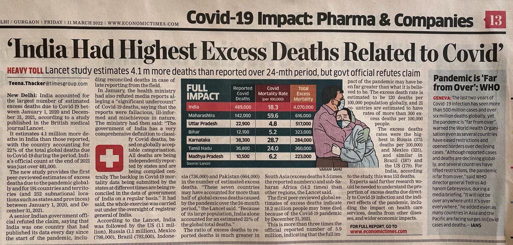 oma_salam's tweet photo. India had the world’s highest excess deaths related to Covid, says @TheLancet. India in that regard could be the world’s no:1 with regards to the massive undercounting of Covid deaths as well. How long will the govt keep their denial mode on? The dead ask that they be counted! https://t.co/PAUPEhT2Su
