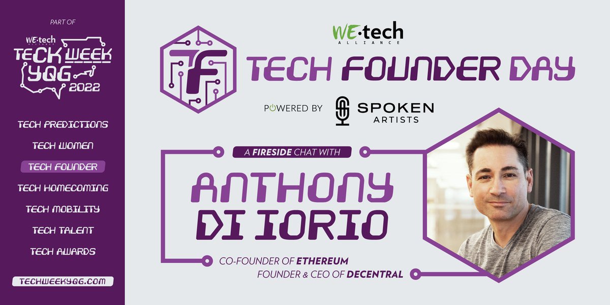 _investwe's tweet image. A fireside chat Wed Mar 23 #TechWeekYQG w/ #Ethereum co-founder &amp;amp; @DECENTRALca CEO @diiorioanthony.

Over the years, Anthony has launched many companies &amp;amp; invested millions in #tech companies primarily in #blockchain. #TechfounderYQG @WEtechAlliance
bit.ly/3C1ABgT