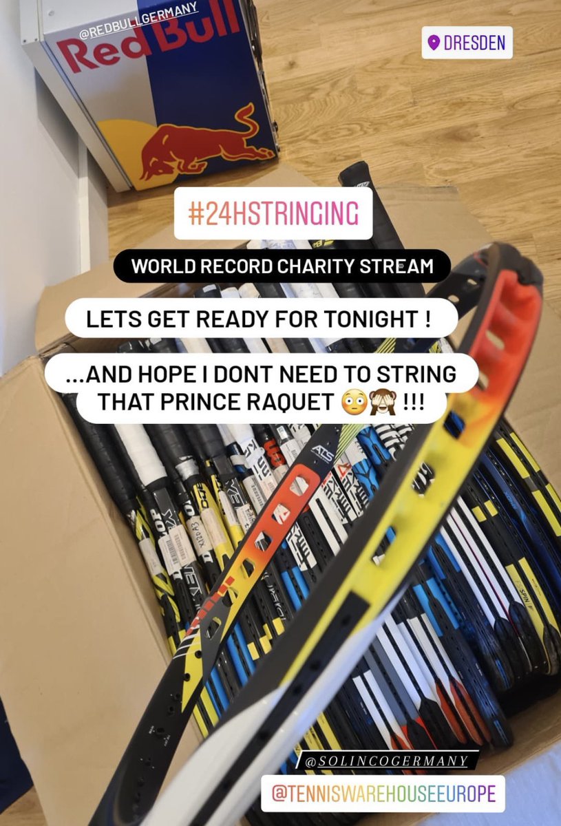 Let’s get ready for the 24h-Stringing-Stream! Join tonight at 0:00 on my #TwitchChannel 

#TwitchDE #twitchstreamer #24hStream #CharityStream #WeStandWithUkraine #TennisCoach #tennisrackets #stringing #Dresden 

<a href="/redbullGER/">Red Bull verleiht Flüüügel</a> <a href="/SOLINCOsports/">Solinco</a> <a href="/badu_bidi/">BidiBadu</a> <a href="/tenniswarehouse/">Tennis Warehouse</a> <a href="/yonex_com/">Yonex</a>