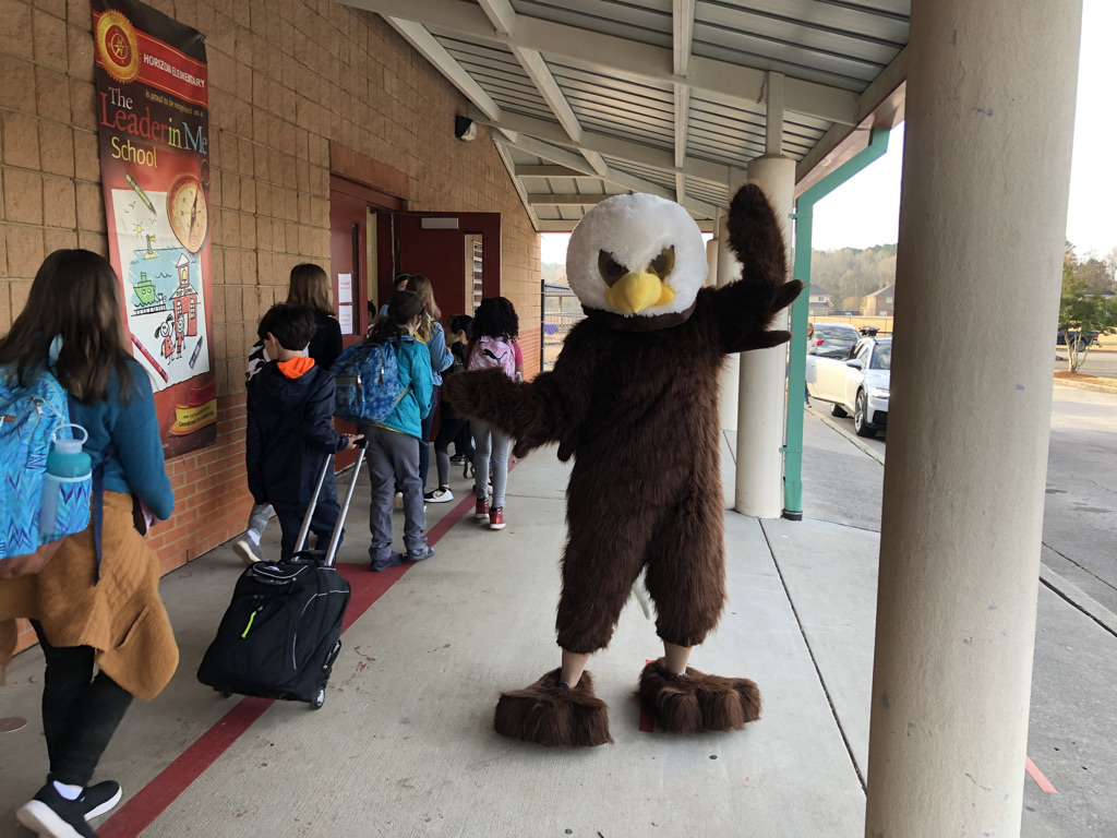 hrznes's tweet photo. Happy Friday before Spring Break! Emmitt the Eagle and Mrs. Freeman bring a special joy to morning carline! https://t.co/5YcC6vw2F5