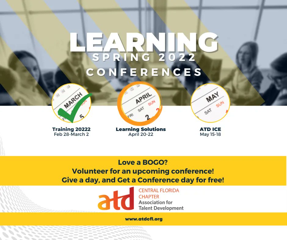 Learning Conference season is going strong. Don't miss out these great industry events! Ask about being a volunteer at #LSCON22  today! Email pastpresident@atdcfl.org
#learninganddevelopment #TrainingandDevelopment #instructionaldesign #Volunteering
