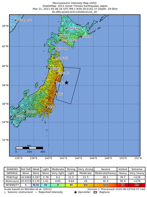 M 9.1 - 2011 Great Tohoku Earthquake, Japan Shakemap. Colored contours and triangles show reports and extent of shaking. Contours and triangles range in color from light blue (minimum shaking) to bright red (maximum shaking). Black star represents epicenter of earthquake. 