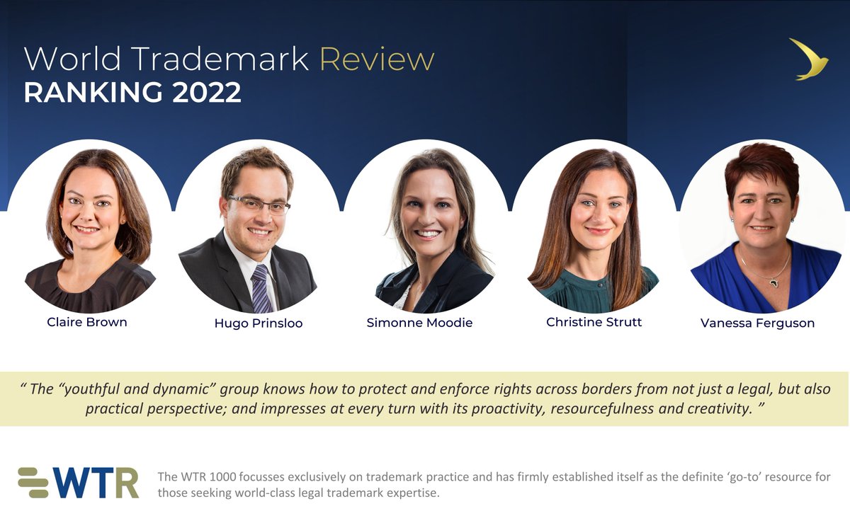 Von Seidels and all 5 of our trademark partners are recognised by World Trademark Review. Congratulations to Claire Brown, Hugo Prinsloo, Simonne Moodie, Christine Strutt and Vanessa Ferguson who feature in the 2022 edition in South Africa. #WTR1000 #WTR2022 #IntellectualProperty