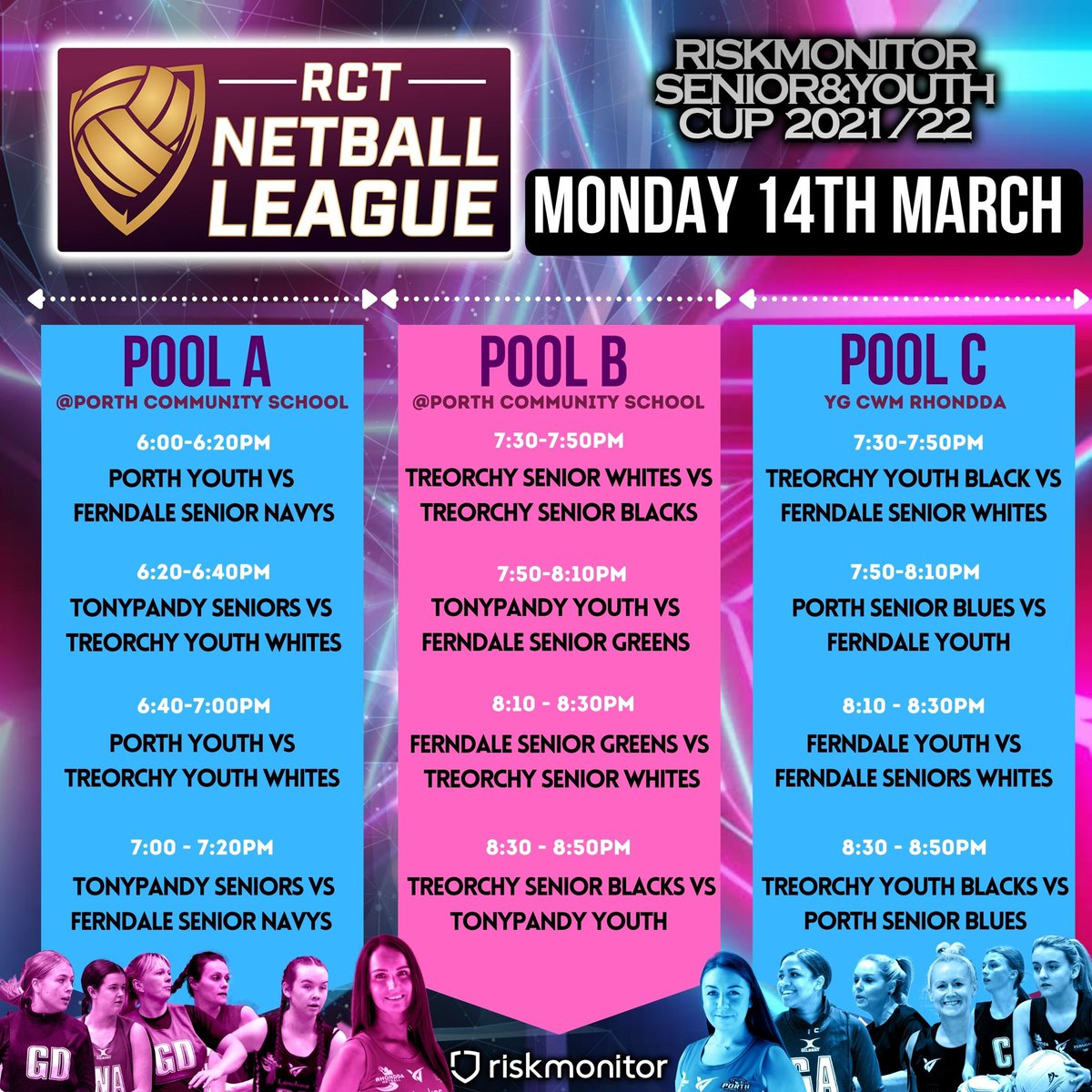 The RCT Netball League - Senior &amp; Youth Riskmonitor Cup! 🏆 <a href="/riskmonitorltd/">Riskmonitor</a> 
.
Week 1 - Monday 14th March 
.
🏐💕 #morethansport #timeforchange