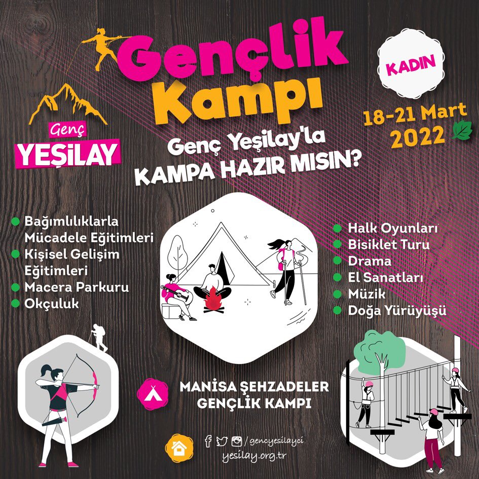gencyesilayci's tweet photo. Genç Yeşilay Üniversite kampları devam ediyor!
Yeşilay tarihi, bağımlılık ve kişisel gelişim eğitimleri, kültür, sanat ve sportif faaliyetler ile dopdolu geçecek kamp programında bizimle birlikte olmak istiyorsan başvurunu bekliyoruz. https://t.co/qtyYkHnTCN