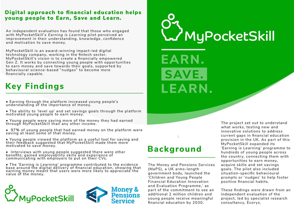 MyPocketSkill's tweet photo. We are delighted by the incredibly positive findings of the @MoneyPensionsUK  Innovation Pilot on our approach to #FinancialEducation 

Young people earning with MyPocketSkill see increases in their knowledge, confidence &amp; motivation to save money

#earnsavelearn #moneymatters https://t.co/QqCoMHgddI