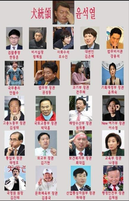 윤석열이 비서실장 장제원에 이어 대변인에 MBN 앵커출신 국회의원(성남 분당 갑) 김은혜를 임명했다. 대선 전 SNS에 떠돌던 조직표가 '노스트라다무스의 예언'처럼 현실로 점점 더 다가오고 있다. 다음은 누구일까? 퍼즐이 맞춰지고 있는 것이다. 윤석열정권 아래서 살아야 할 5년이 더욱 무서워진다.