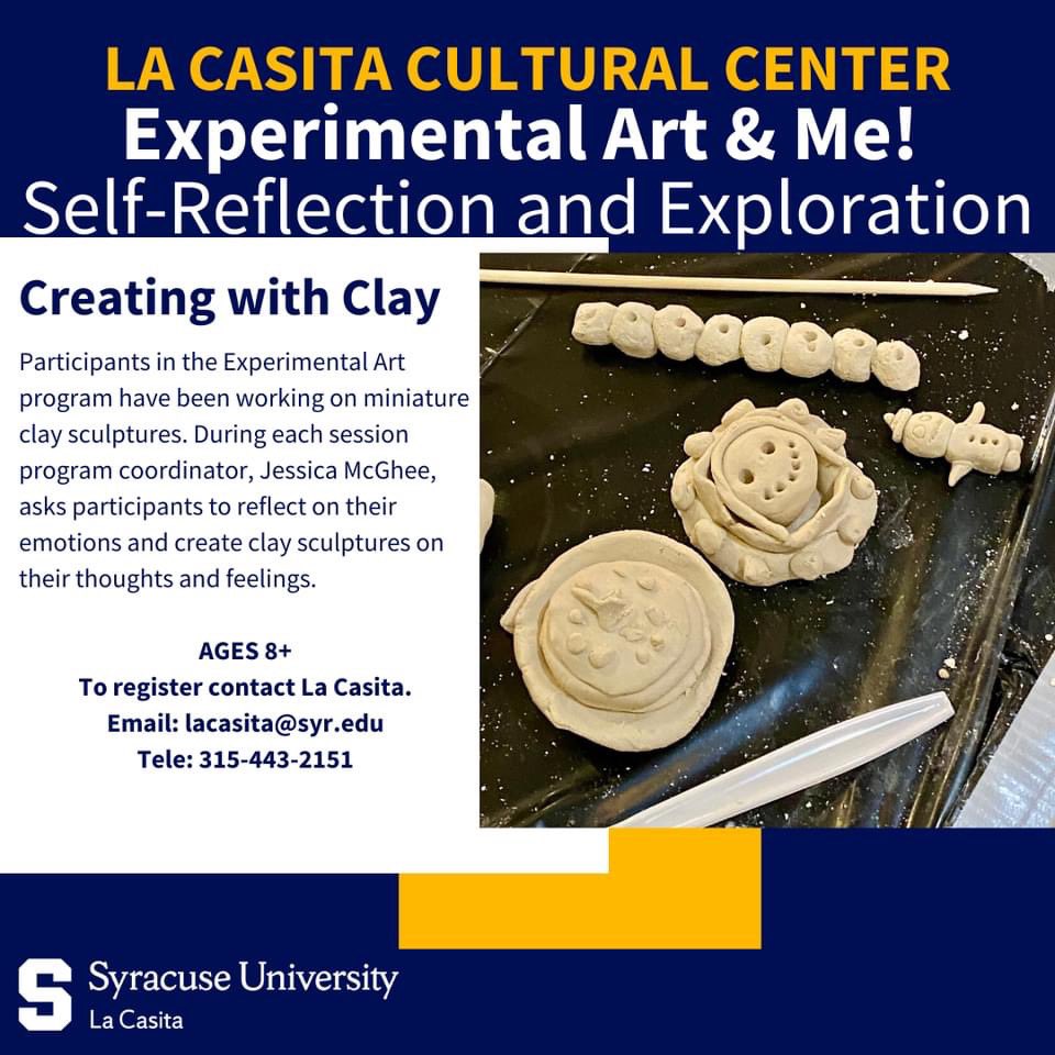 YOUTH PROGRAM UPDATES!
Every week La Casita offers FREE afterschool Youth Programs for youth of all ages. Syracuse University Students, local artists and educators, come together to share their knowledge and skills with the community all while having fun. 
Email: lacasita@syr.edu