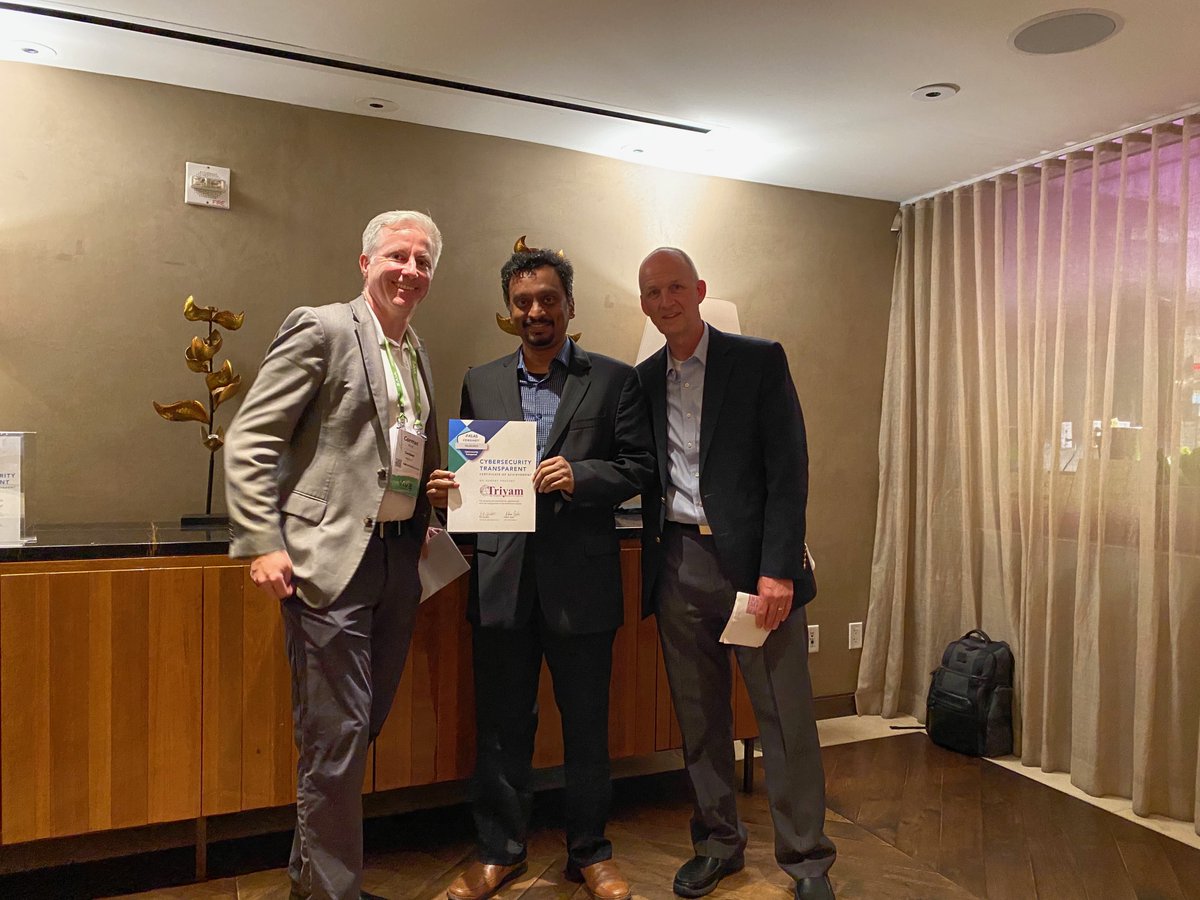 censinet's tweet image. Congratulations to @TriyamInc  for their #CybersecurityTransparent award this week at #ViVE2020. Shown are Cormac Miller of @censinet, Sudhakar Mohanraj of @TriyamInc, and Bob Cash of @KLASresearch.