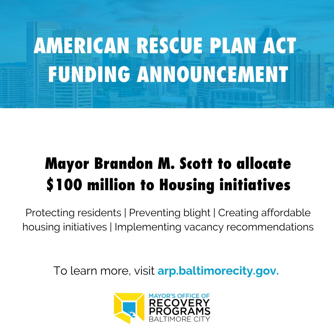 MayorBMScott's tweet photo. Today, I announced $100M in ARPA funding to holistically address the issues of vacant properties, housing loss, and housing instability throughout Baltimore alongside @RepKweisiMfume, @CouncilmanKB, @ElectRyanDorsey, @odetteramos, @JamesTorrenceJD, @bmoredhcd, and so many others. https://t.co/1k0hoVyfCp