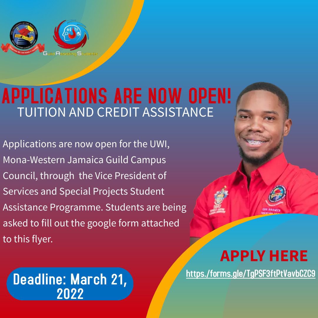 wjcguildnetwork's tweet photo. The UWI, Mona-WJC Guild Council is calling all WJC students to apply to the Student Assistance Programme, through the VP (Services and Special Projects) !📢📢

-Click the link below for the form to apply for tuition and credit assistance 
https://t.co/edt157dSNz https://t.co/xlktMyf8MA