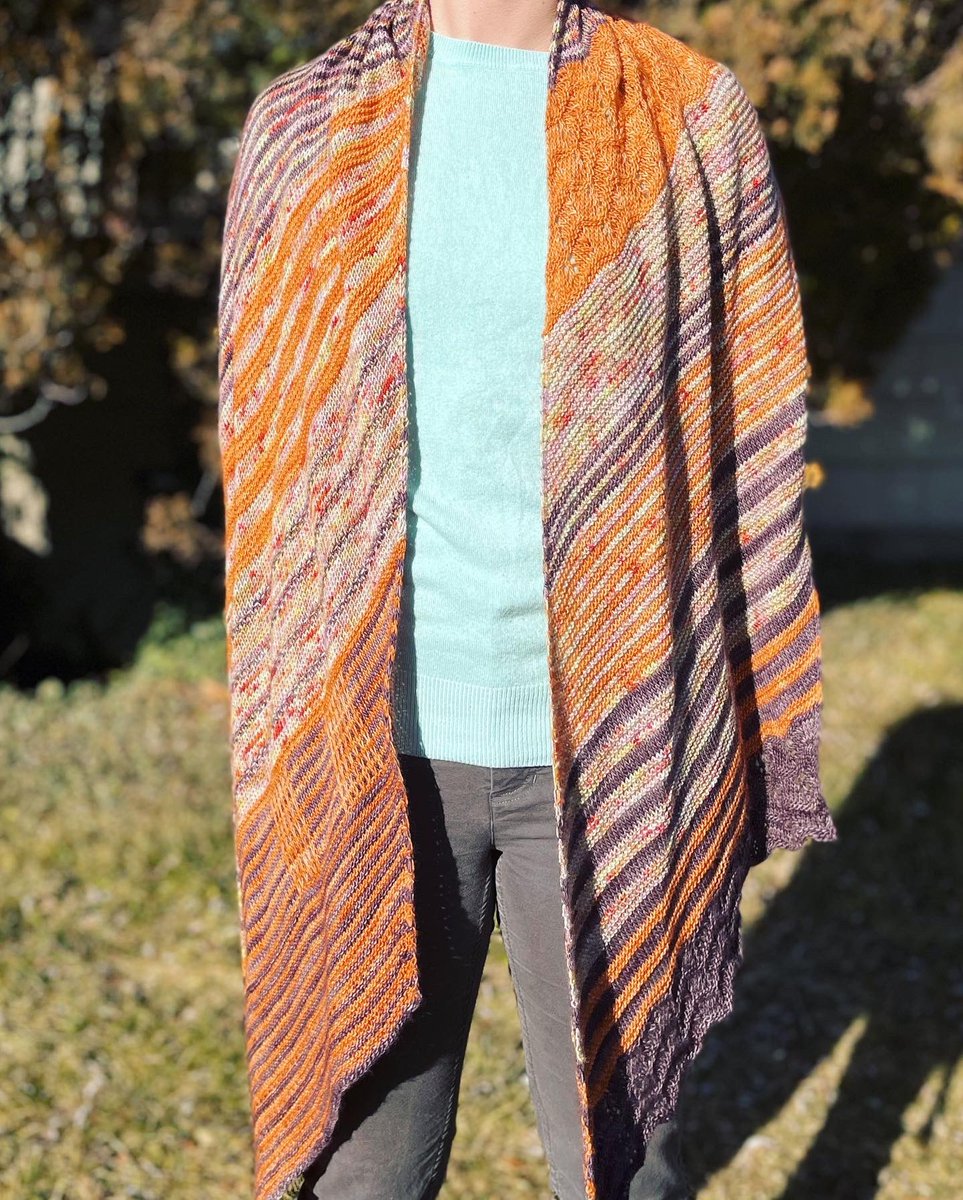 claire_math's tweet photo. A fun and gorgeous knit! I loved the way the multicolor La Jolla yarn brought the purple and orange together, all bought at Hooked NJ.
#knittingtwitter #knittersofhookednj https://t.co/cwd40QluFX