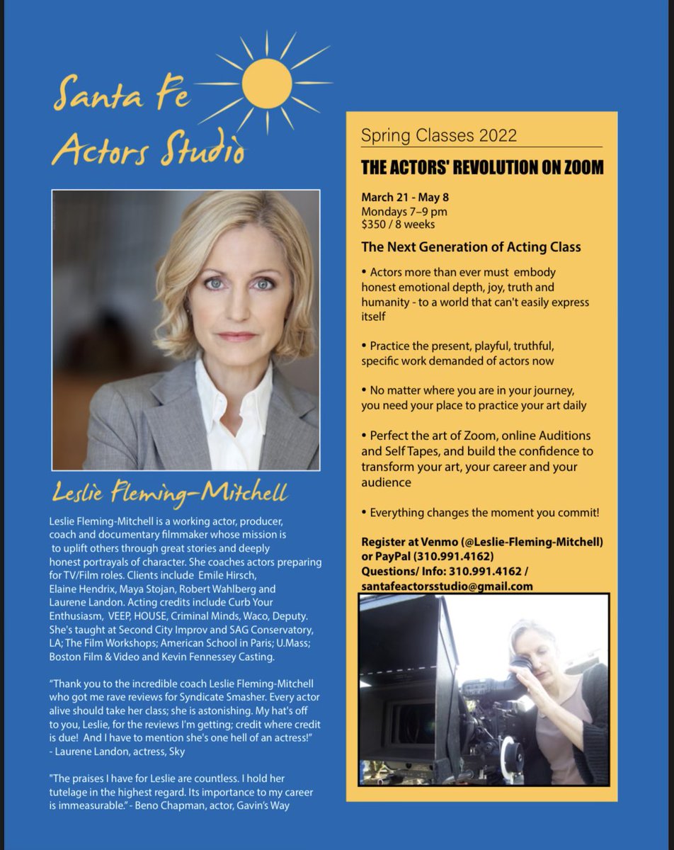 lesliefilm's tweet photo. The Actors Revolution on Camera starts Monday, March 21, 6 pm Pacific/ 7 pm Mountain. Transform your acting, online auditions and self tapes - and your career.
#Workingactor
#Actingclass
#Selftapes
#Zoomactingclass
#PoweroftheActor https://t.co/LSCFMhZIXr