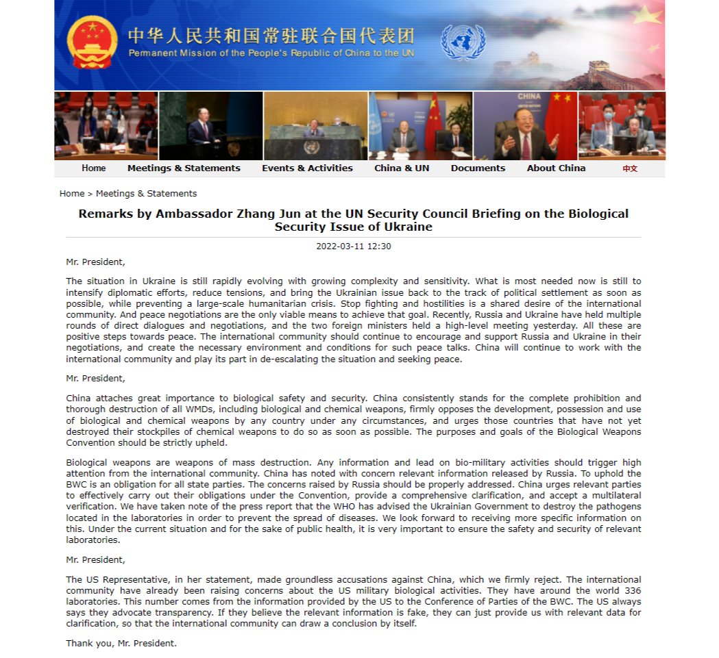 Chinamission2un's tweet image. Remarks by Ambassador Zhang Jun at the UN Security Council Briefing on the Biological Security Issue of Ukraine
Full text：
chnun.chinamission.org.cn/eng/hyyfy/2022…