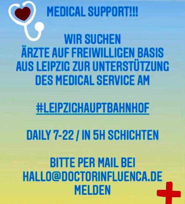 stenomax's tweet photo. ‼️Ärzte gesucht‼️LEIPZIG‼️Bitte Teilen‼️ #Leipzig  #HelpUkraine #Ukraine #Fluechtlinge #Hilfe #Help #SupportUkraine #RussiaUkraineWar #medicalsupport  #arzt #ärzte #doc #doctor #FirstAid #Hauptbahnhof #Ukrainehilfe https://t.co/sBGYYvXFUS