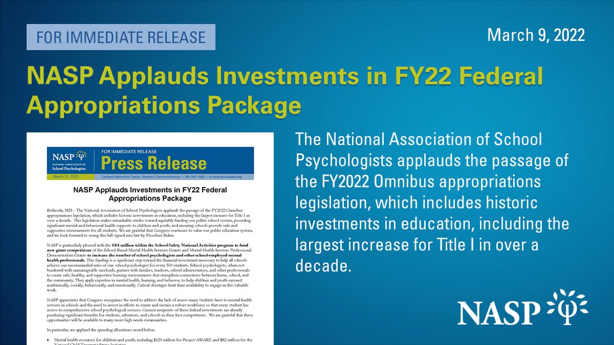 nasponline's tweet photo. Better late than never! We're thrilled to see Congress pass an FY2022 spending bill that includes $111 million to address the shortage of school psychologists. One step closer to doubling the school psychology workforce! 🎉 Our statement: https://t.co/TPyswYBd1X #NASPadvocates https://t.co/h7l5FQu5lj