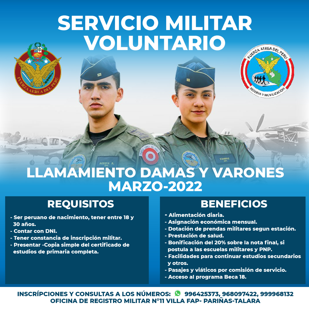 munitalara_pe's tweet photo. #MPTInforma | Inició el proceso de reclutamiento para el servicio militar voluntario marzo 2022 de la 
@fapperu. 🇵🇪

👉🏽Inscripciones o consultas: 📲 996425373, 968097422, 999968132 https://t.co/Oec5lYoHlm