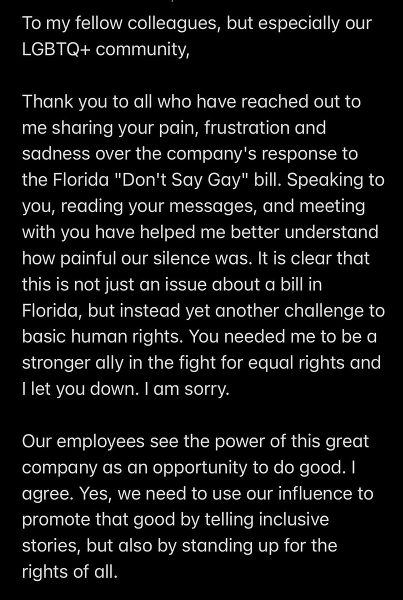 ScottGustin's tweet photo. In a new email to employees, Disney CEO Bob Chapek apologizes for the company’s “silence” regarding Florida’s “Don’t Say Gay” bill:

“You needed me to be a stronger ally in the fight for equal rights and I let you down. I am sorry.” https://t.co/4px8AQbFhS