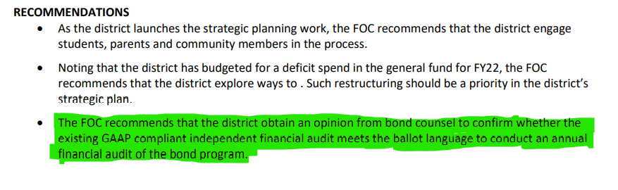 Moss Adams told the <a href="/JeffcoSchoolsCo/">Jeffco Public Schools</a> Board that the GAAP audit which doesn't look at the bond program doesn't meet the ballot language promises. Doesn't the #Jeffco Financial Oversight Committee understand the report? ow.ly/eAZQ50If0NQ
