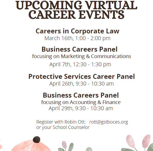 SVE_HS's tweet photo. There are multiple great virtual career events coming up in law, business, and protective services.  If you are interested in attending these, see your school counselor to add your name to the list. https://t.co/tIpCp8ggk2