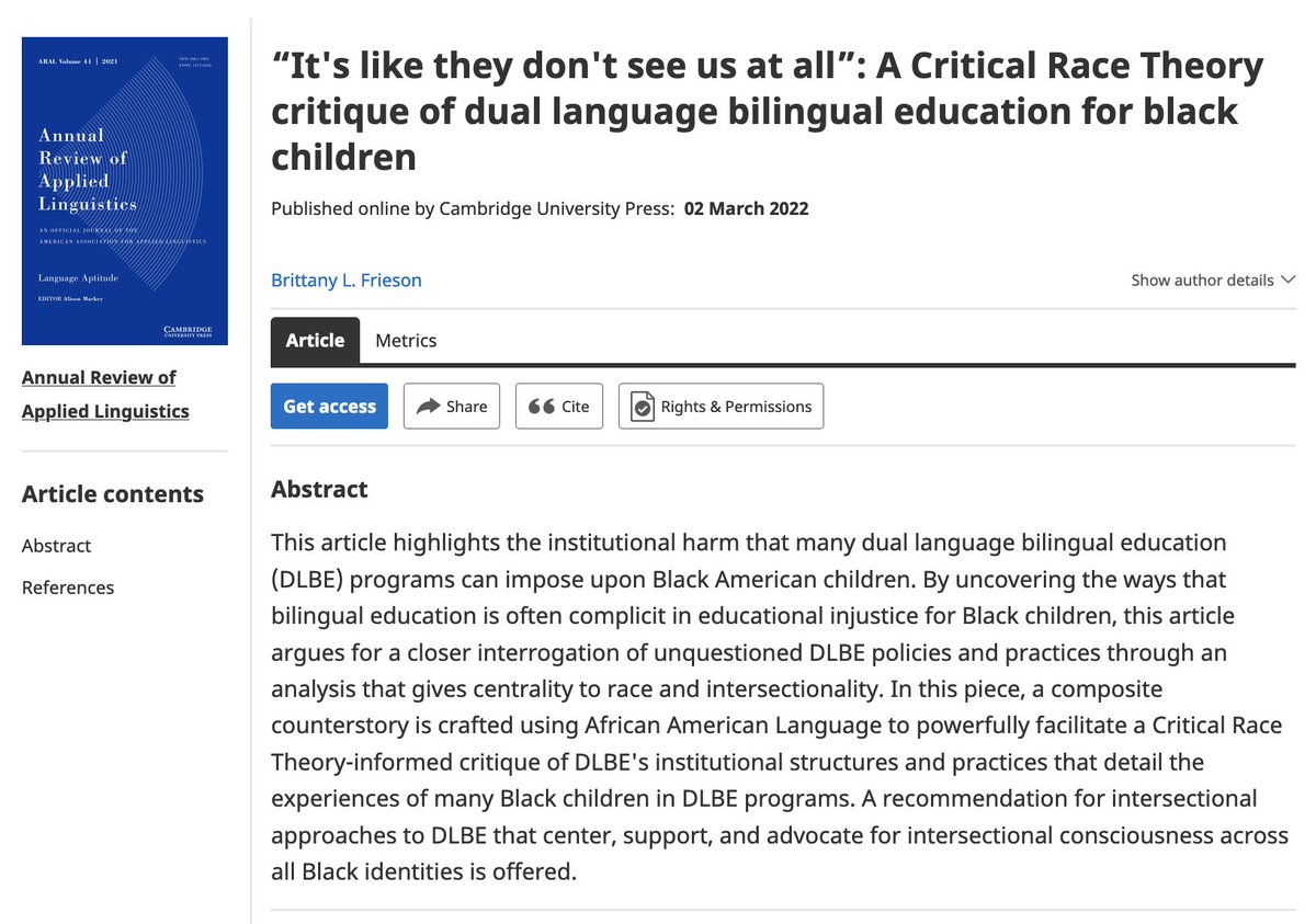 Congrats to <a href="/brittlfrieson/">Brittany Frieson Davis, Ph.D.</a> on her new publication, "'It's like they don't see us at all': A Critical Race Theory critique of dual language bilingual education for black children" published in the Annual Review of Applied Linguistics: cambridge.org/core/journals/…

#UNTproud #UNTedu