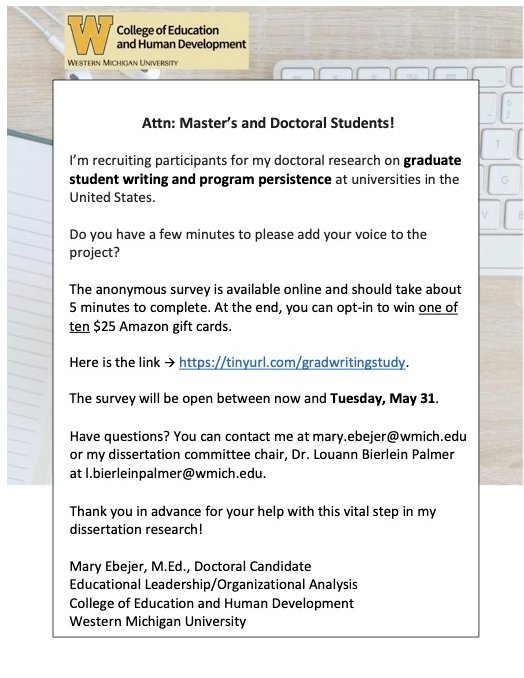 I'm in awe. Thanks in large part to the #AcademicTwitter  community, over 600 current &amp; recent graduate students have participated in my survey on #gradstudent writing &amp; program persistence. 

My goal is 750 to conduct a 2-level HLM analysis (student &amp; program). 

However, if ...